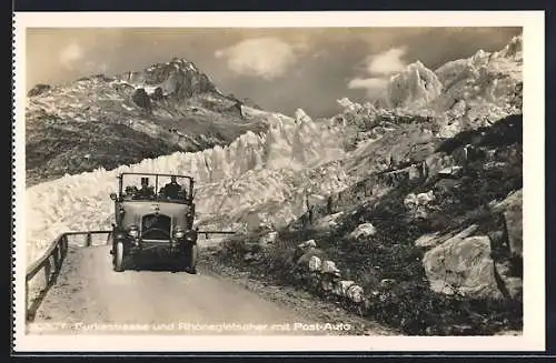 AK Post-Auto der Marke Saurer, Furkastrasse und Rhonegletscher