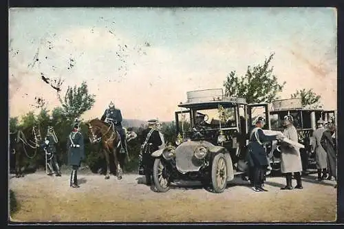 AK Kaiser Wilhelm II. auf Reise mit dem Auto, rechts Kronprinz Wilhelm