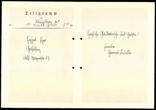 Telegramm Deutsche Reichspost, 1941, farbige Illustration mit Reiter und Hochzeitsszene, Soldat und Schmied