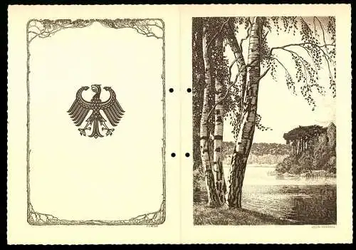 Telegramm Deutsche Reichspost, 1955, Adler-Symbol und Birkenwald-Szene, Entwurf Leon Schnell