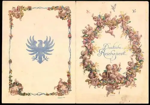 Telegramm Deutsche Reichspost, 1912, florale Bordüren und Putten-Motive, Reichsadler, Entwurf Arnold