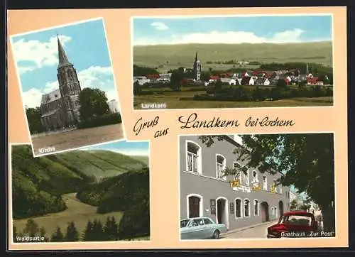 AK Landkern, Ortsansicht, Waldpartie und Kirche, Gasthaus Zur Post