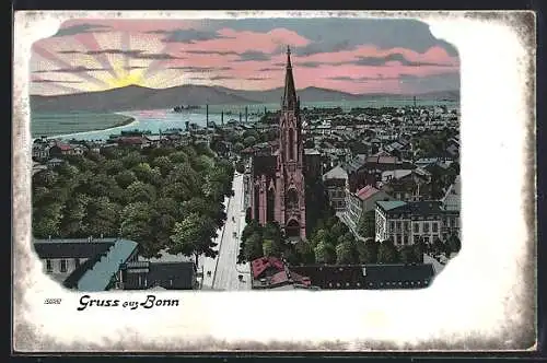 Lithographie Bonn, Panorama aus der Vogelschau