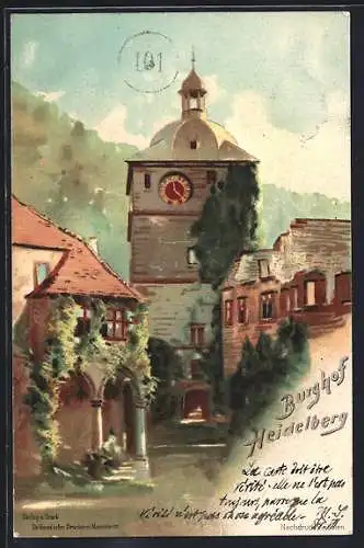 Lithographie Heidelberg, Blick in den Burghof