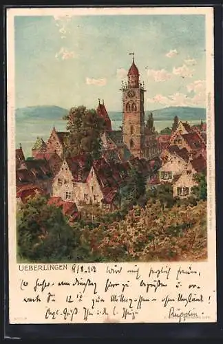 Lithographie Überlingen / Bodensee, Blick auf den Ort aus der Vogelschau