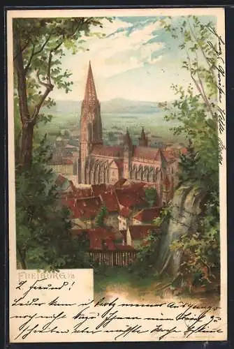 Lithographie Freiburg / Breisgau, Ortsansicht mit Münster