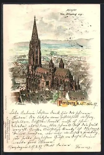 Lithographie Freiburg i. B., Münster vom Schlossberg aus