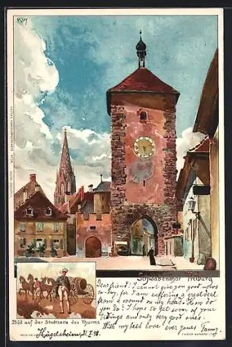 Künstler-AK Heinrich Kley: Das Schwabenthor Freiburg mit Teilansicht eines Bildes auf der Stadtseite des Thurms