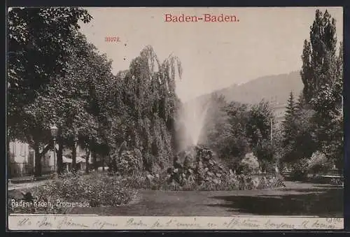 AK Baden-Baden, Promenade mit Fontäne