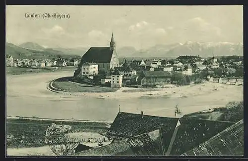 AK Laufen / Obb., Ortsansicht mit Kirche am Wasser