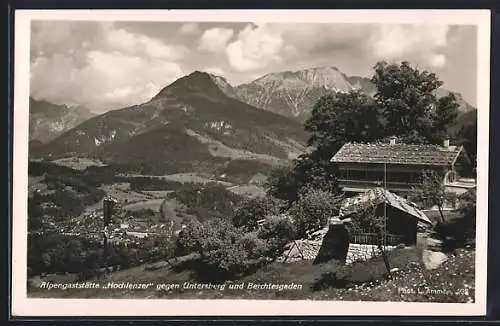 AK Berchtesgaden, Alpengasthaus Hochlenzer gegen Untersberg und den Ort