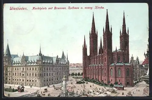 AK Wiesbaden, Marktplatz mit Brunnen, Rathaus und evangl. Kirche