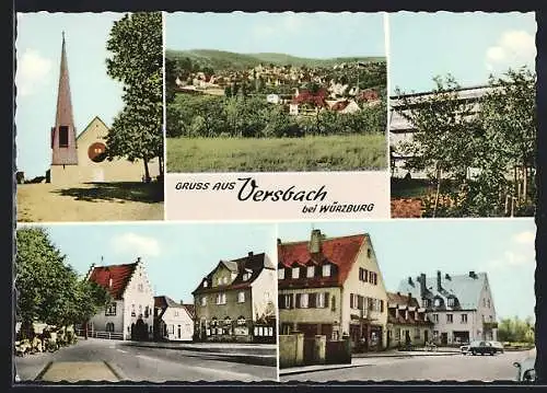 AK Versbach bei Würzburg, Strassenpartien, Kirche, Ortsansicht aus der Vogelschau