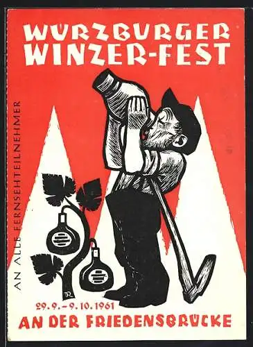 Künstler-AK Würzburg, Würzburger Winzer-Fest 28.9.-8.10.1962 an der Friedensbrücke