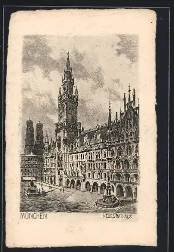 Künstler-AK München-Au, Neues Rathaus mit Brunnen