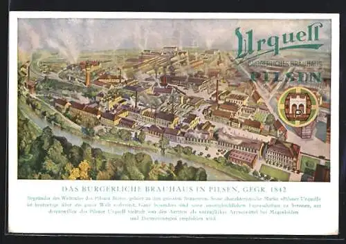 Künstler-AK Plzen, Das Bürgerliche Brauhaus Urquell, Gegr. 1842, Teilansicht, Reklame