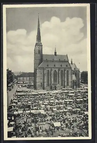 AK Pilsen, St. Bartolomäuskirche und Markt