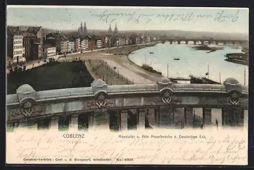 AK Coblenz, Moselufer und Alte Moselbrücke vom Deutschen Eck aus