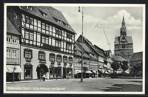 AK Osterode /Harz, Alte Häuser und Schuhgeschäft am Markt