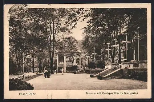 AK Essen, Stadtpartie mit Terrasse und Musikpavillon