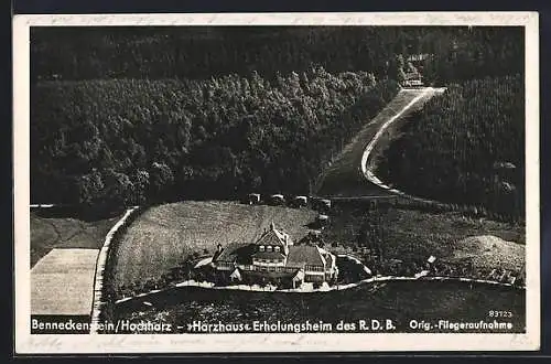 AK Benneckenstein /Hochharz, Harzhaus Erholungsheim des R. D. B., Fliegeraufnahme