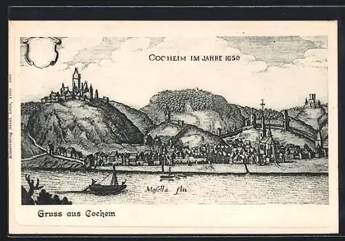 Künstler-AK Cochem, Teilansicht mit Kirche im Jahre 1650