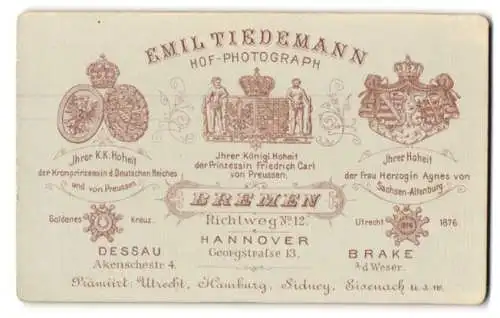 Fotografie Emil Tiedemann, Bremen, Richtweg 12, Königlich Royale Wappen nebst Orden und Anschrift des Ateliers