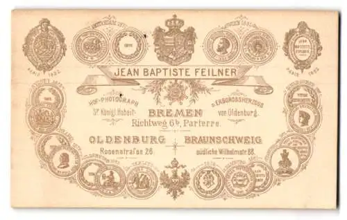 Fotografie Jean Baptiste Feilner, Bremen, Richtweg 6, königliches Wappen mit Verdienstmedaillen, Anschriften der Atelier