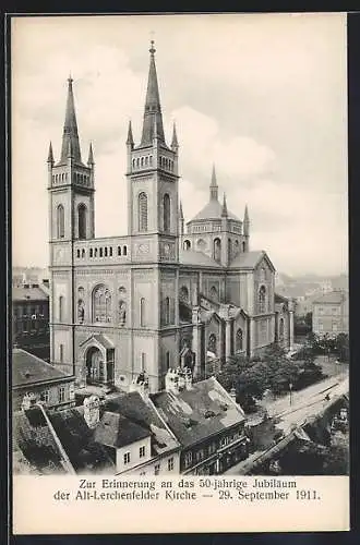 AK Wien, Alt-Lerchenfelder Kirche mit Strasse aus der Vogelschau, Jubiläum 1911