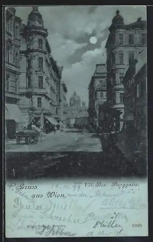 Mondschein-AK Wien, Burggasse, Blick in die Strasse