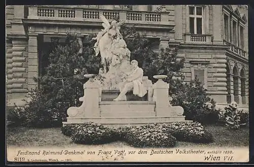 AK Wien, Ferdinand Raimund-Denkmal vor dem Deutschen Volkstheater