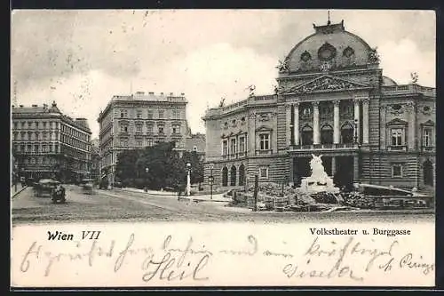 AK Wien, Volkstheater und Geschäft an der Strasse Burggasse mit Denkmal