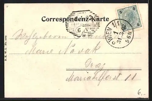 AK Wien, Volkstheater und Geschäft an der Strasse Burggasse mit Denkmal