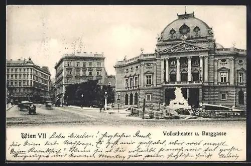 AK Wien, Volkstheater mit Denkmal und Burggasse