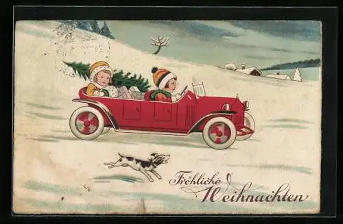 Künstler-AK Weihnachtsgrüsse, Kleine Kinder im Automobil liefern Geschenke aus