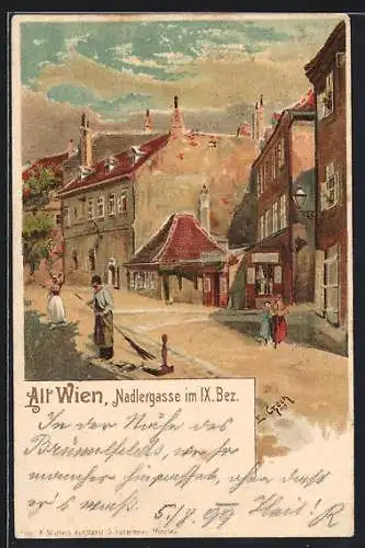 Lithographie Alt-Wien, Nadlergasse im IX. Bezirk