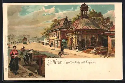 Lithographie Alt-Wien, Favoritenlinie mit Kapelle