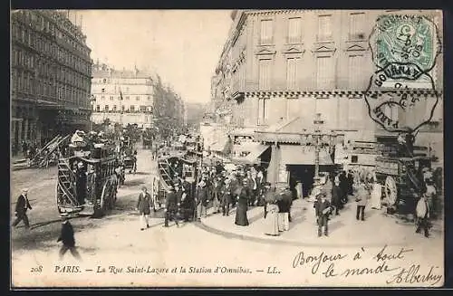 AK Paris, La Rue Saint-Lazare et la Station d`Omnibus