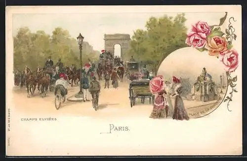 Lithographie Paris, Champs Elysées, Place de la Concorde