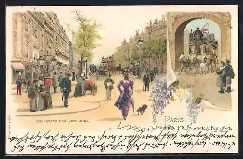 Lithographie Paris, Boulevard des Capucines, Pferdebus