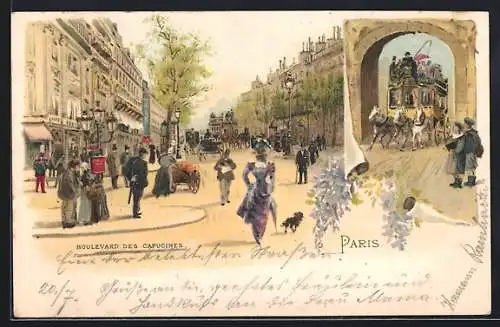 Lithographie Paris, Boulevard des Capucines, Pferdebus