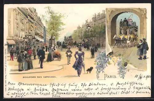 Lithographie Paris, Boulevard des Capucines, Pferdebus