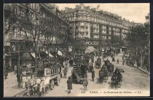 AK Paris, Le Boulevard des Italiens, Pferdebahn u. Pferdekutschen