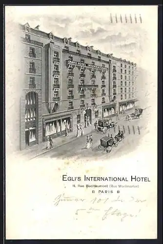 AK Paris, Egli`s International Hotel, 11, Rue Bachaumont, Rue Montmartre