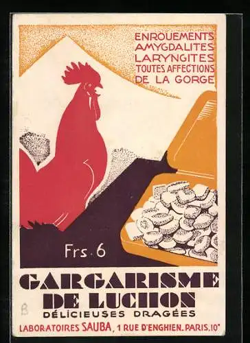 AK Paris, Reklame für Tabletten von Gargarisme de Luchon, Laboratoires Sauba, Rue d`Enghien