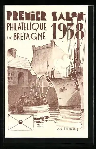 Künstler-AK Brest, Premier Salon Philatelique de Bretagne 1938, Matrosen auf Schiff und Boot, Ausstellung