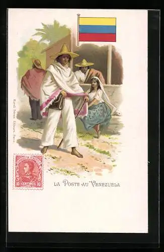 Lithographie La Poste en Venezuela, Postbote mit Poncho und einem Sombrero auf dem Kopf