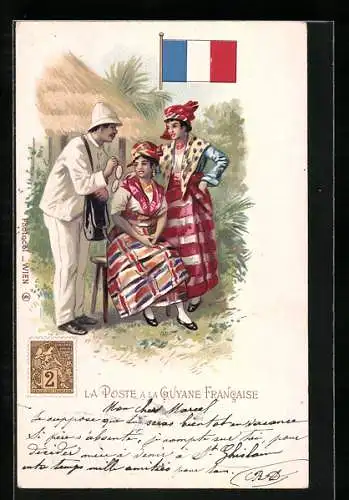 Lithographie La Poste a la Guyane Francaise, Briefträger mit Frauen, Briefmarke