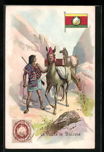 Lithographie Bolivien, La Posta in Bolivia, Postbote mit Lamas, Correo de Bolivia