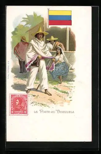 Lithographie La Poste en Venezuela, Postbote mit Poncho und einem Sombrero auf dem Kopf